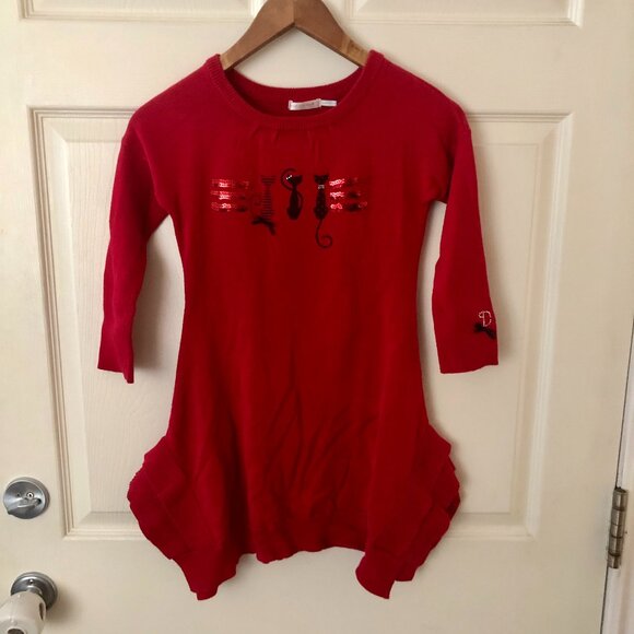 [Kids 8] Deux par Deux Girls Cat Sequin Sweater Dress Tunic Holiday Christmas - Picture 1 of 7